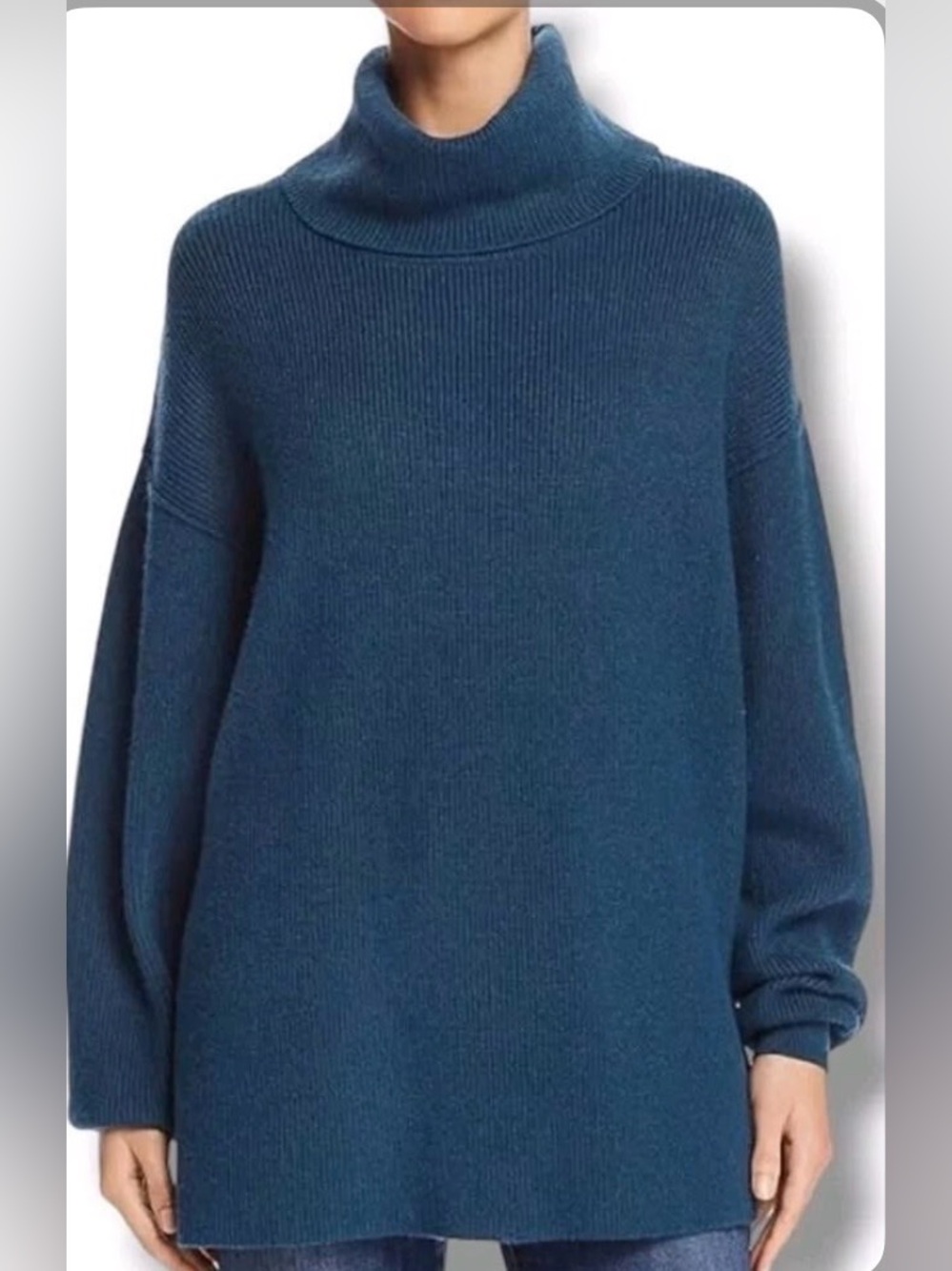 FREE PEOPLE Tunic Teal Turtleneck Sweater - Classic Rib Knit